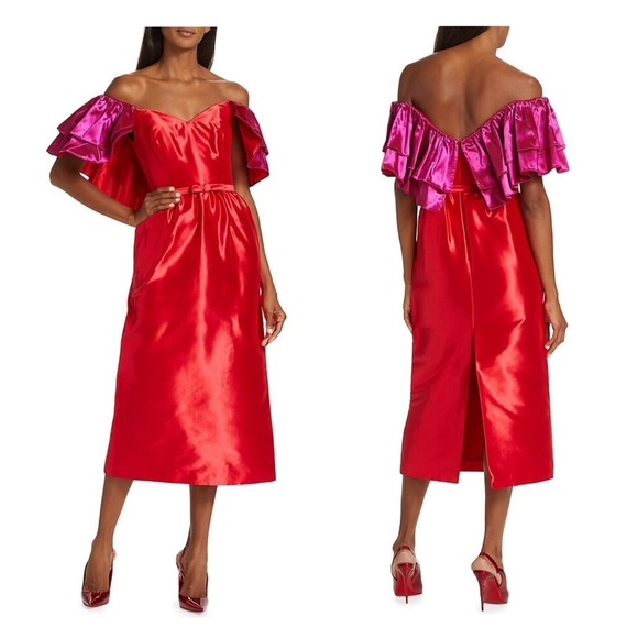 MARKARIAN Roxie dress midi satin red pink 14 silk blend ruffle off shoulder NWT - Picture 3 of 15